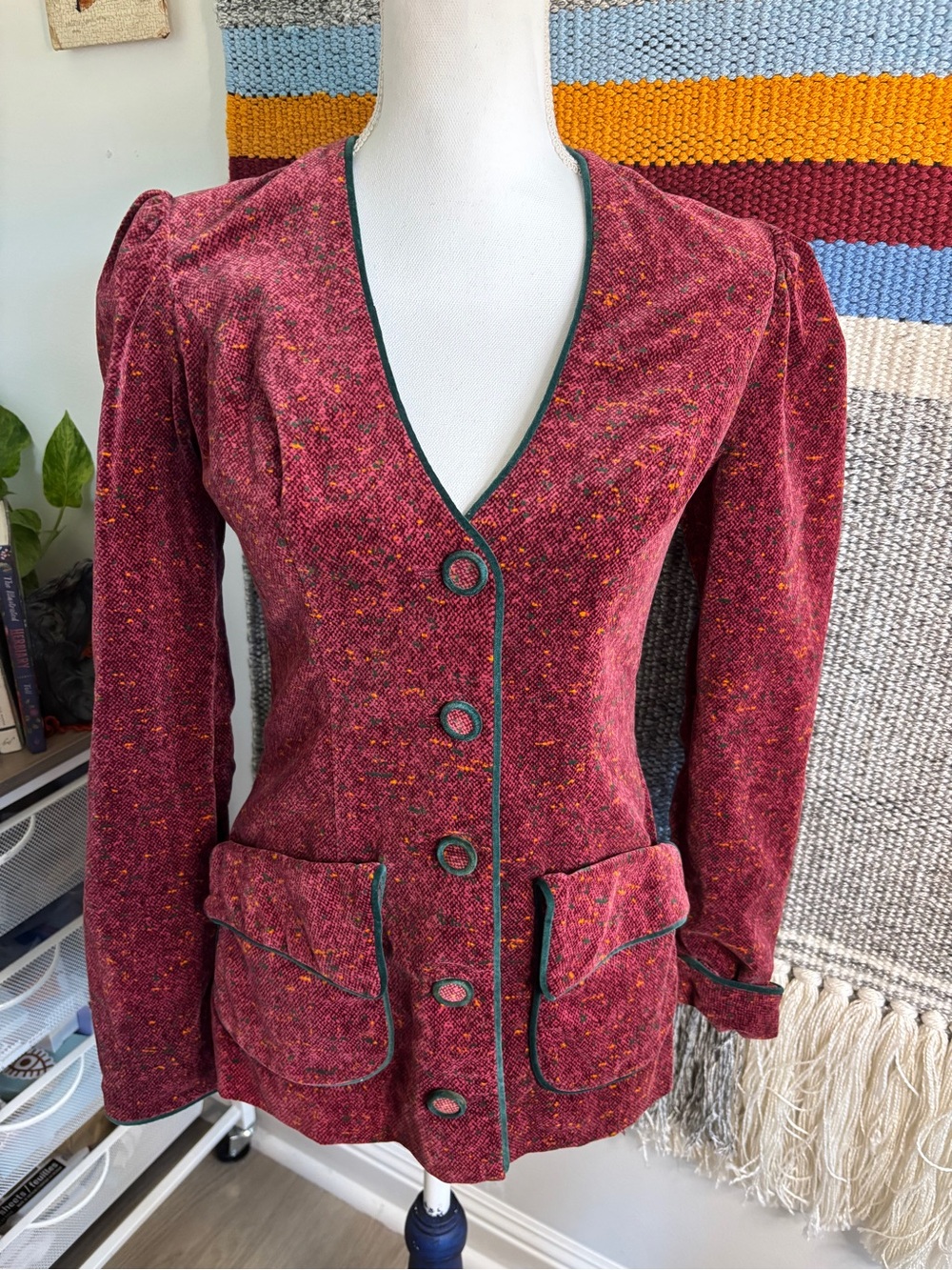 Vintage Women’s Red Velvet Blazer with Green Trim